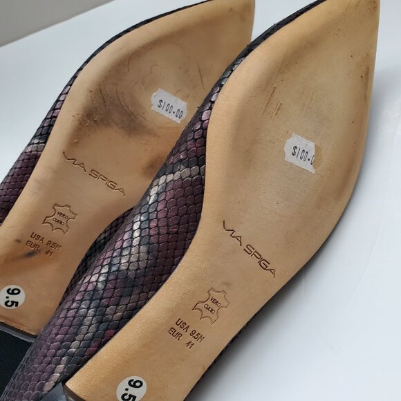 VIA SPIGA Snakeskin Leather Flats Pointed Toe Black & Merlot Hues Ballerina Shoe - Picture 11 of 11